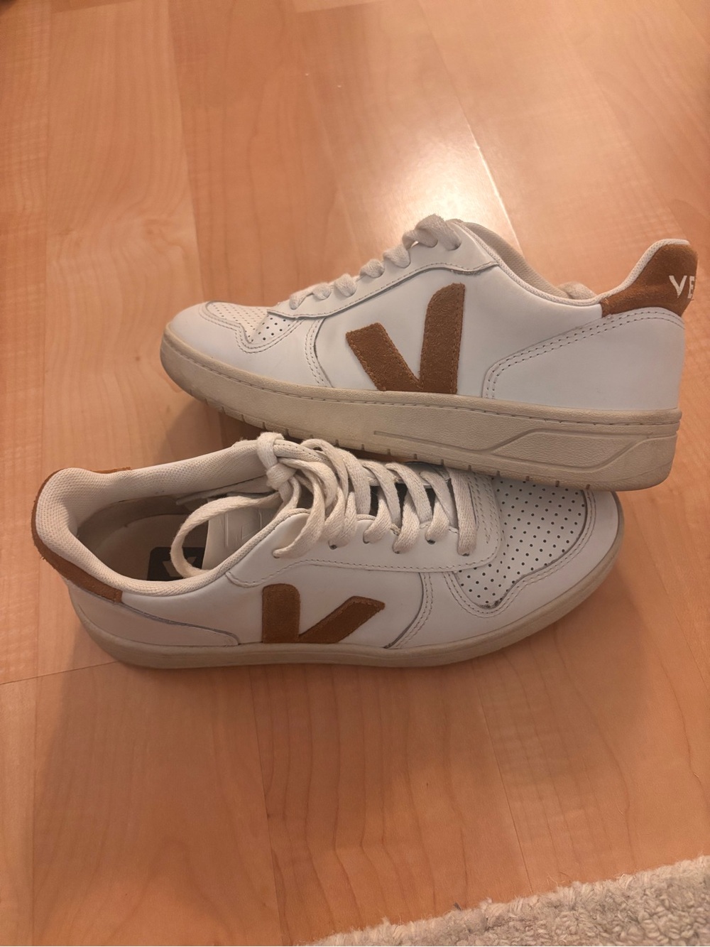 Veja White Leather Sneakers with Brown Suede V - Women’s